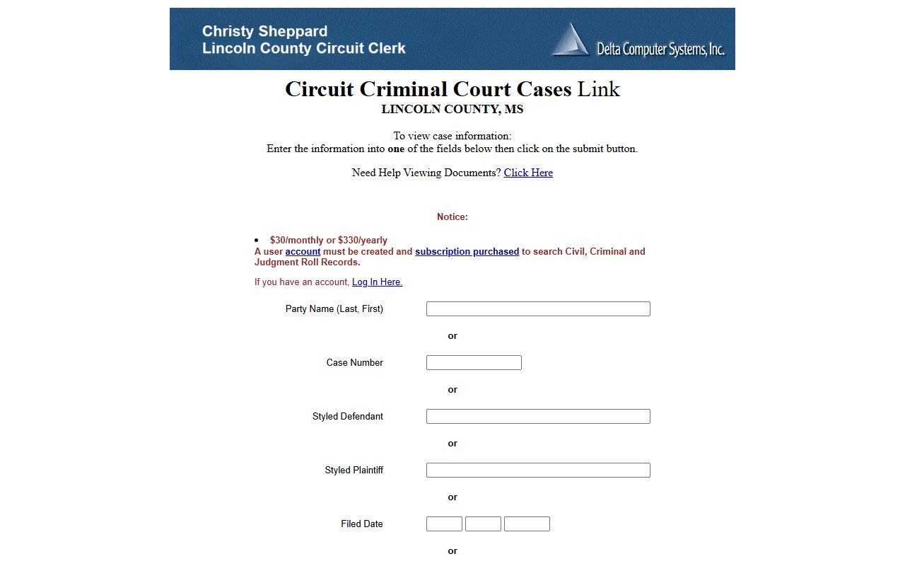 Lincoln County Circuit Criminal Court search portal with Delta Computer Systems subscription notice