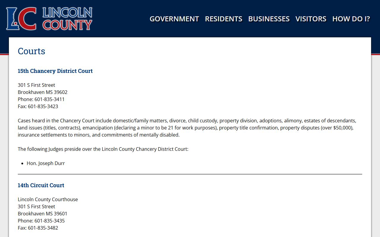 Lincoln County courts page showing county prosecutor and court contact information