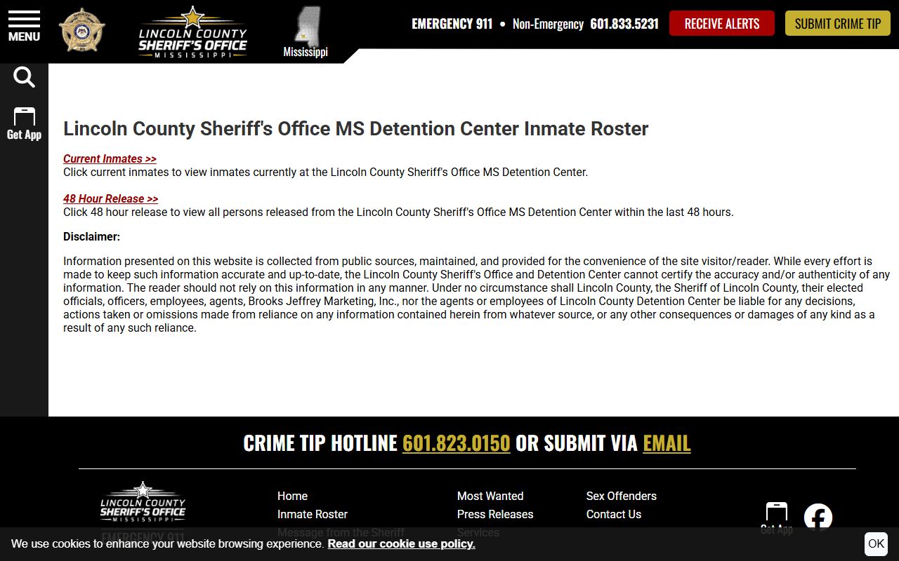 Lincoln County jail roster gateway for inmate population search