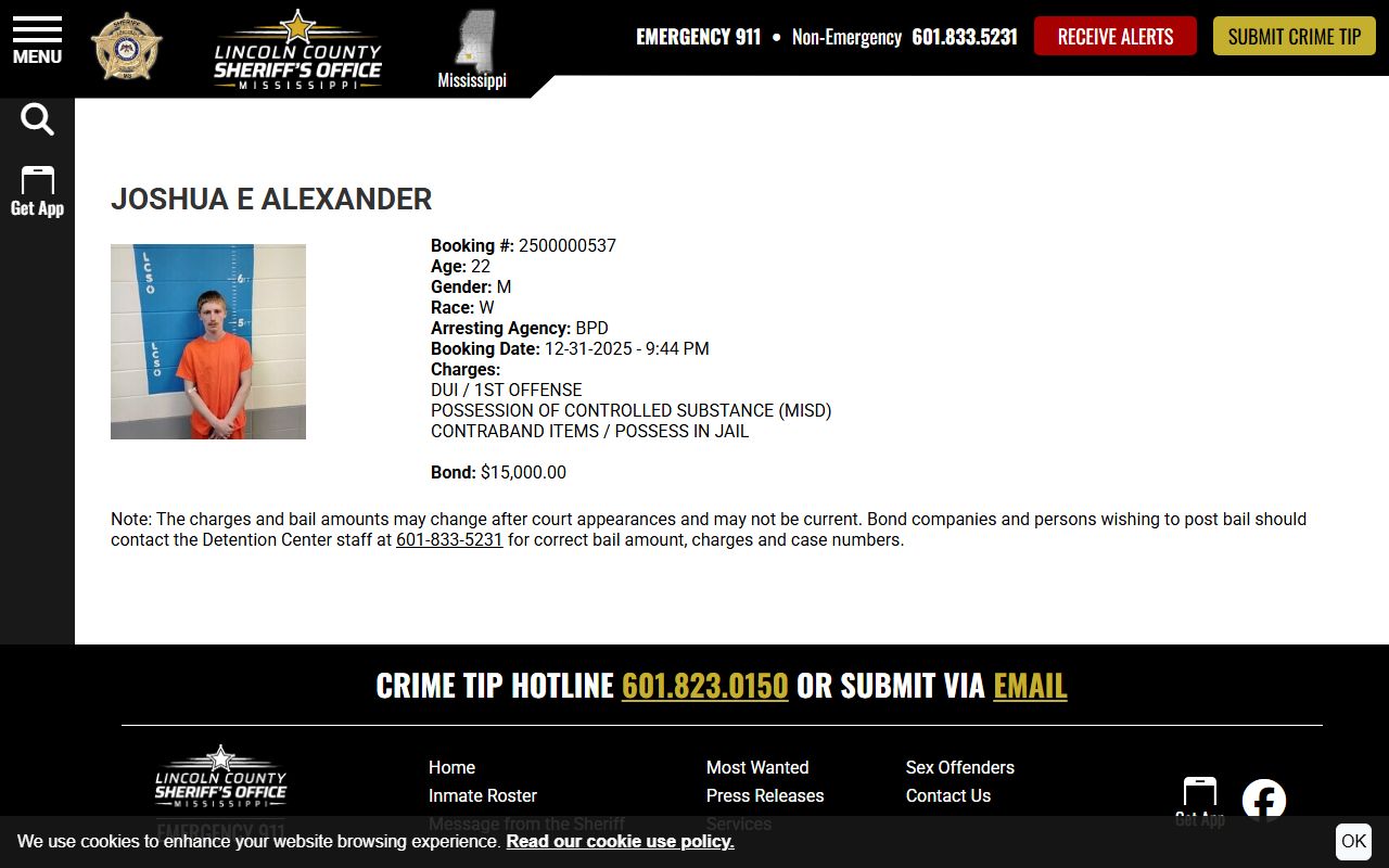 Lincoln County inmate records sample profile with booking fields